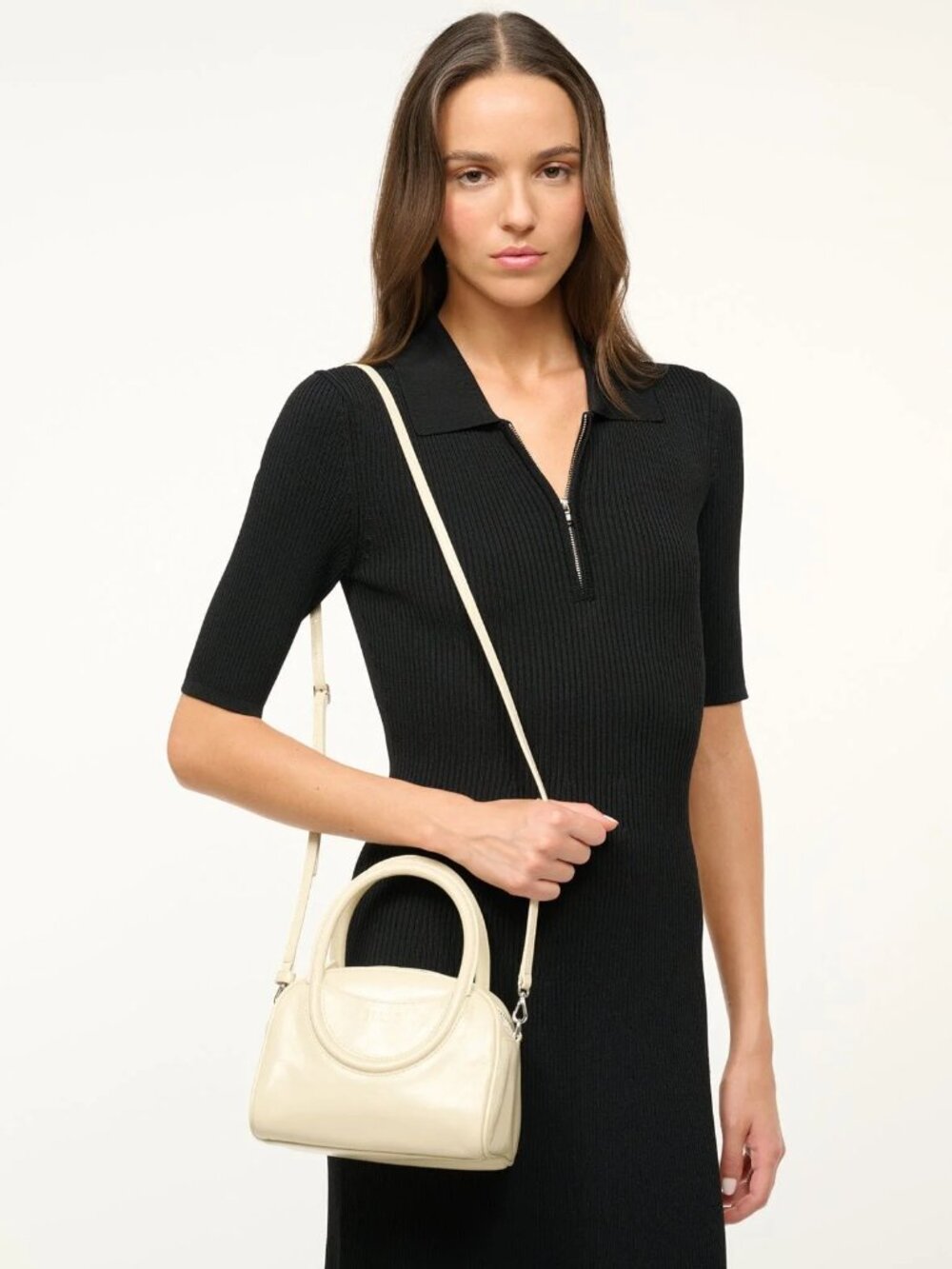 STAUD Mini Maude Leather Bowler Bag in Cream NWT - Picture 4 of 11